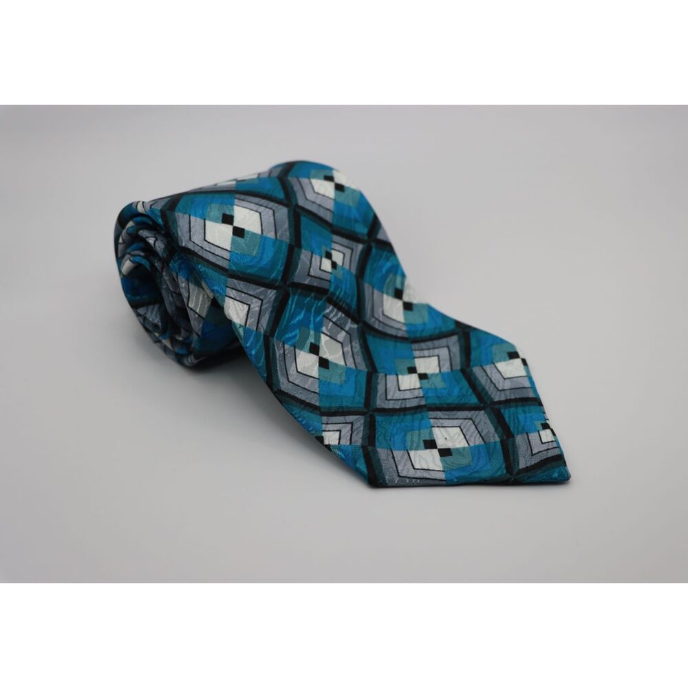 Vintage Ketch Necktie – Blue White Silver Black Geometric